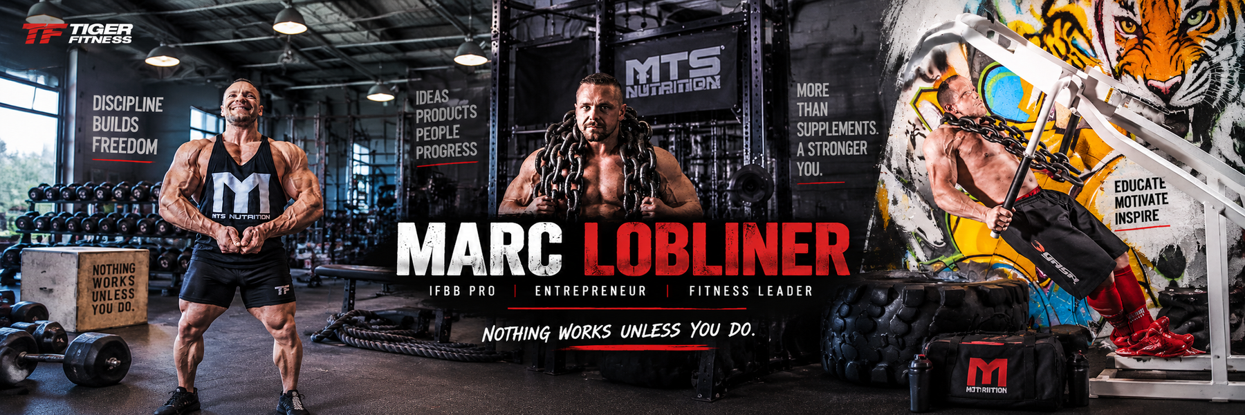 Marc Lobliner featured in a three-image fitness collage showcasing his career as an IFBB Pro, entrepreneur, and fitness leader.