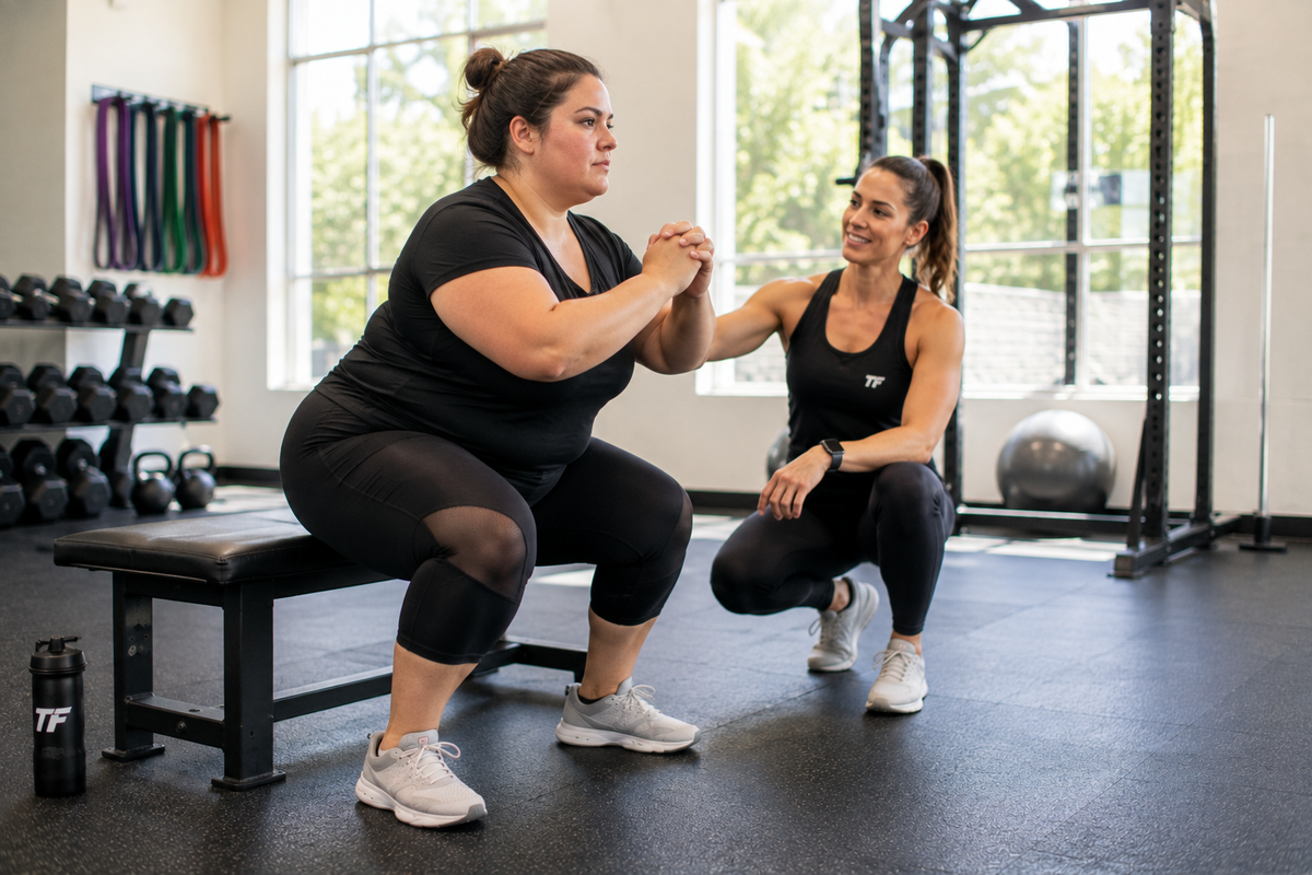 Woman performing a beginner bench squat with guidance from a personal trainer in a bright gym