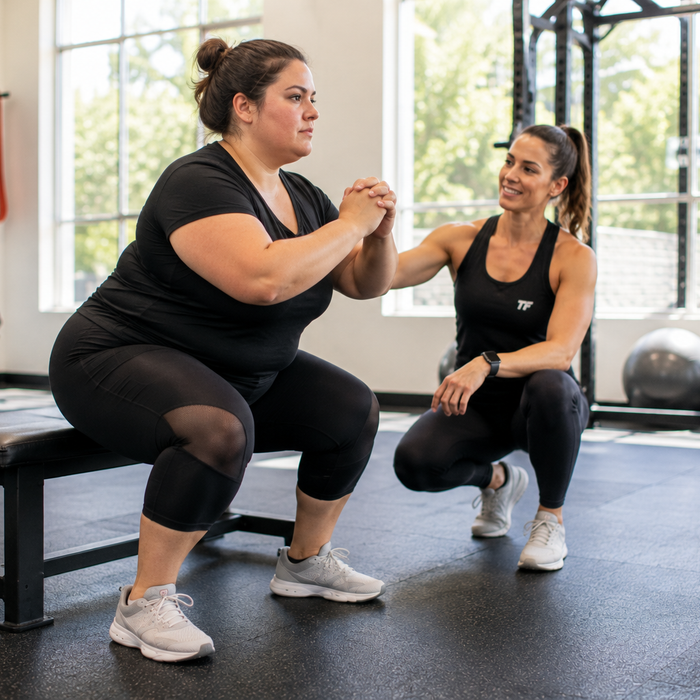 Woman performing a beginner bench squat with guidance from a personal trainer in a bright gym