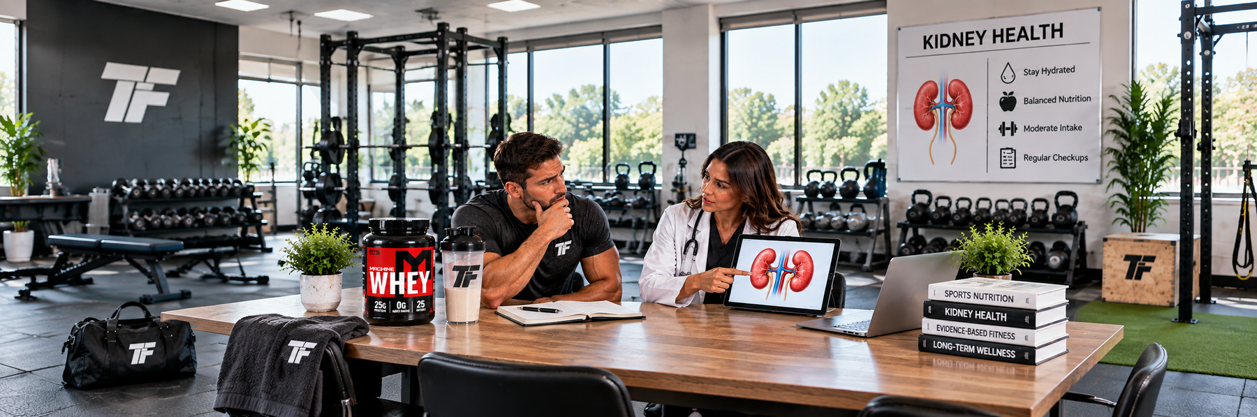 Athlete discussing whey protein and kidney health with a medical professional in a gym, with MTS Machine Whey and a kidney diagram displayed.