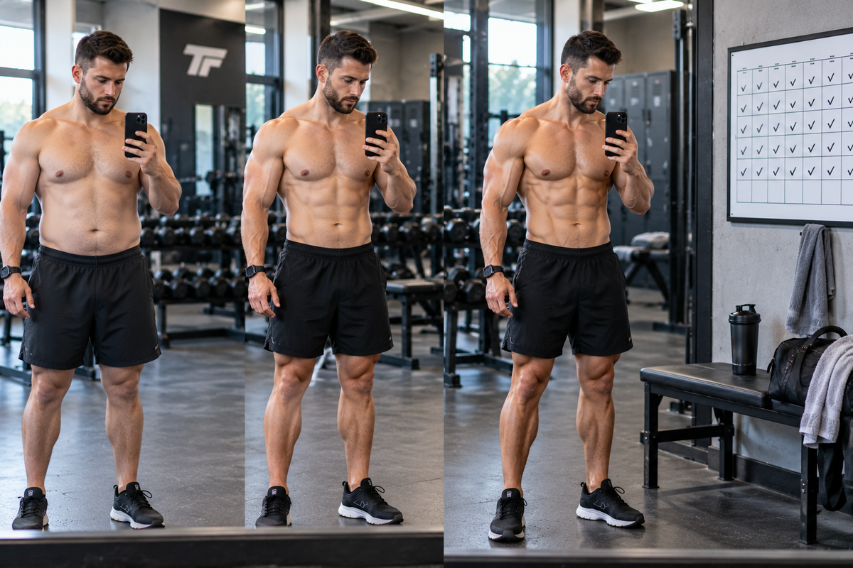 Man showing progressive body transformation results during a 12 week workout program