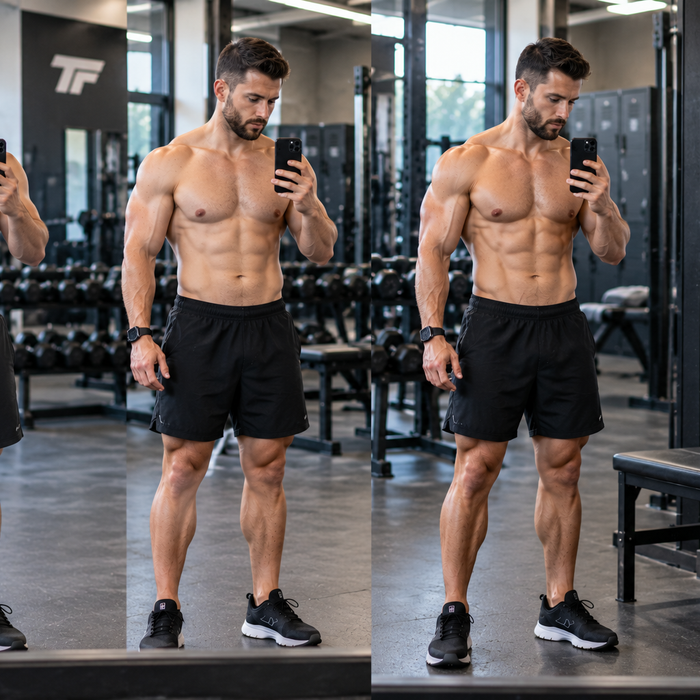 Man showing progressive body transformation results during a 12 week workout program