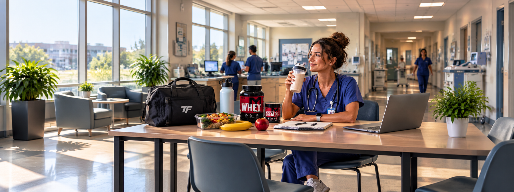 Nurse in blue scrubs enjoying a protein shake in a hospital break room with MTS Machine Whey, creatine, healthy snacks, and a TF gym bag.