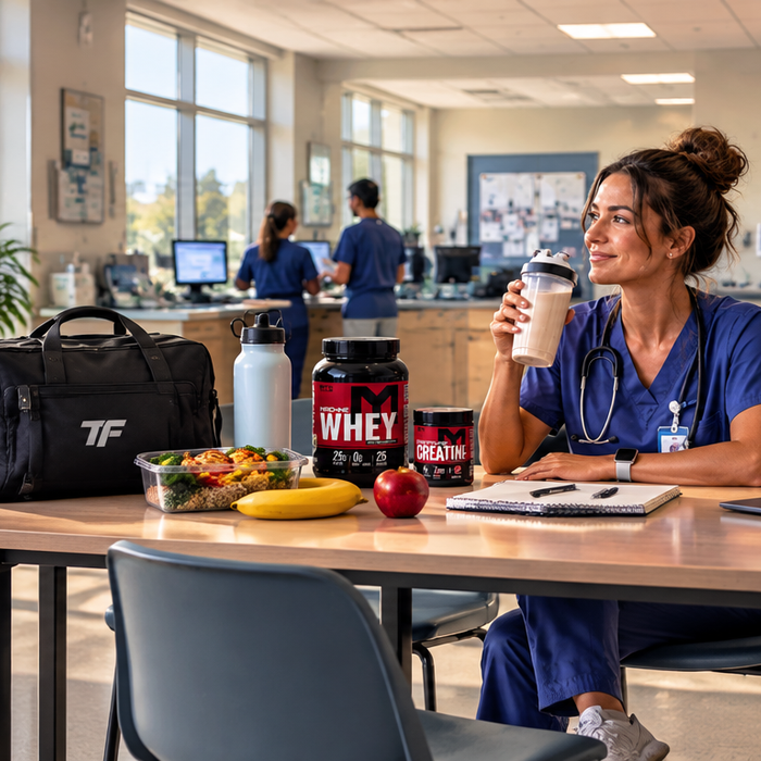 Nurse in blue scrubs enjoying a protein shake in a hospital break room with MTS Machine Whey, creatine, healthy snacks, and a TF gym bag.
