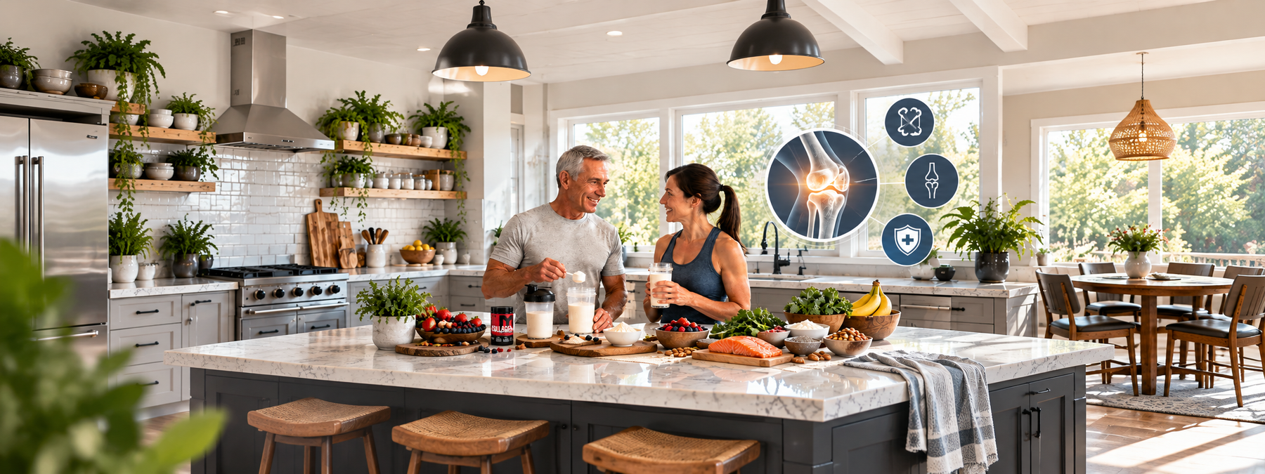 Active mature couple preparing collagen shakes in a bright kitchen with MTS Collagen+, nutritious foods, and bone health graphics, highlighting collagen supplements for bone density and joint support.