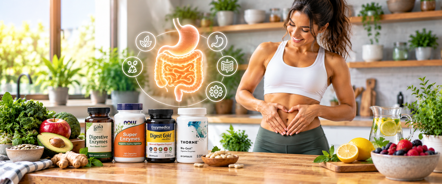 Digestive enzyme supplements with healthy foods and digestive health illustration