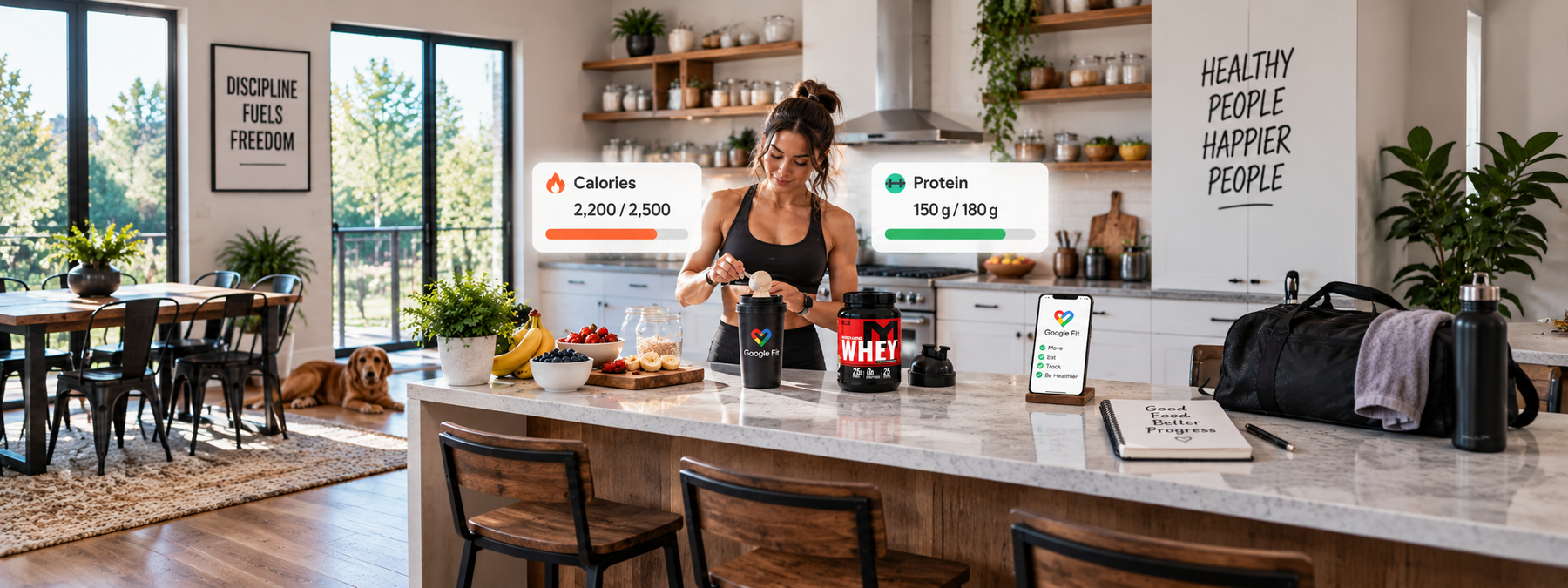 Female athlete preparing a protein shake with Machine Whey while tracking daily protein and calorie targets in a bright kitchen.