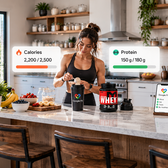 Female athlete preparing a protein shake with Machine Whey while tracking daily protein and calorie targets in a bright kitchen.