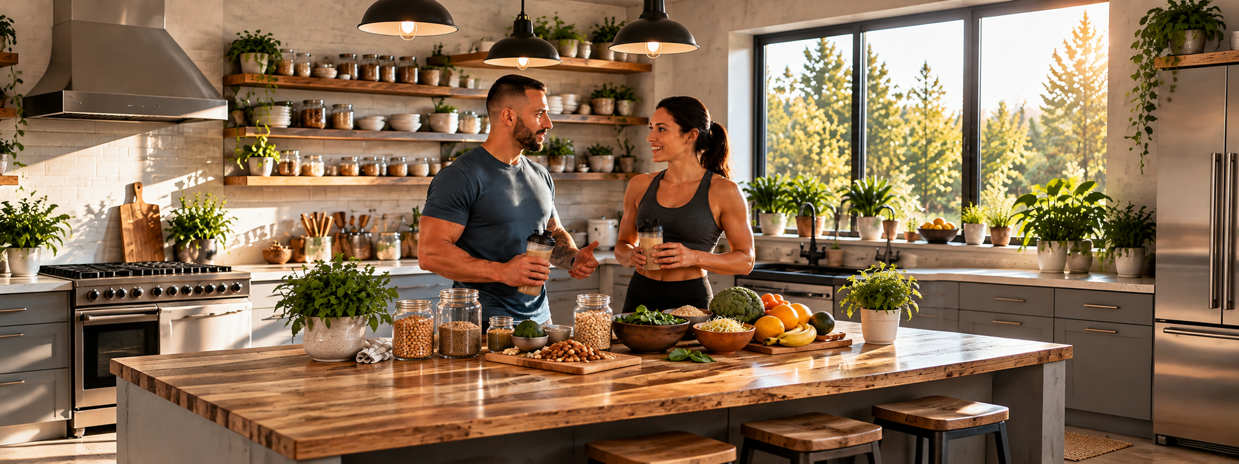 Fit man and woman enjoying plant-based protein shakes in a modern kitchen surrounded by fiber-rich foods, fruits, vegetables, nuts, and grains to support healthy digestion.