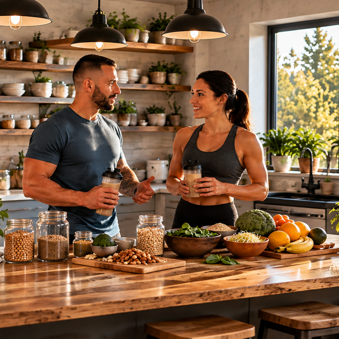 Fit man and woman enjoying plant-based protein shakes in a modern kitchen surrounded by fiber-rich foods, fruits, vegetables, nuts, and grains to support healthy digestion.