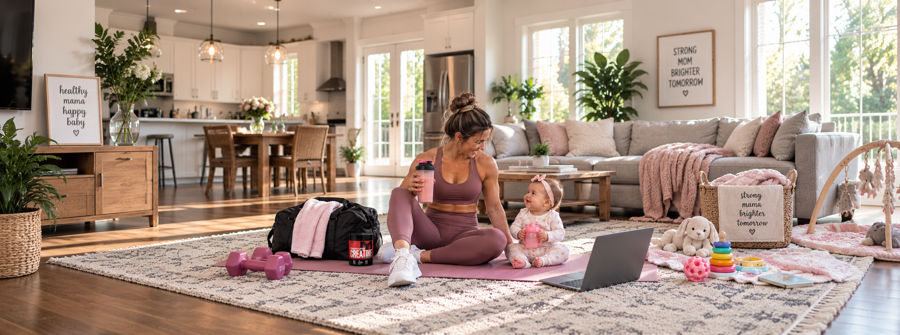 Postpartum athlete at home with her baby, MTS Creapure Creatine, and a protein shaker after a workout.
