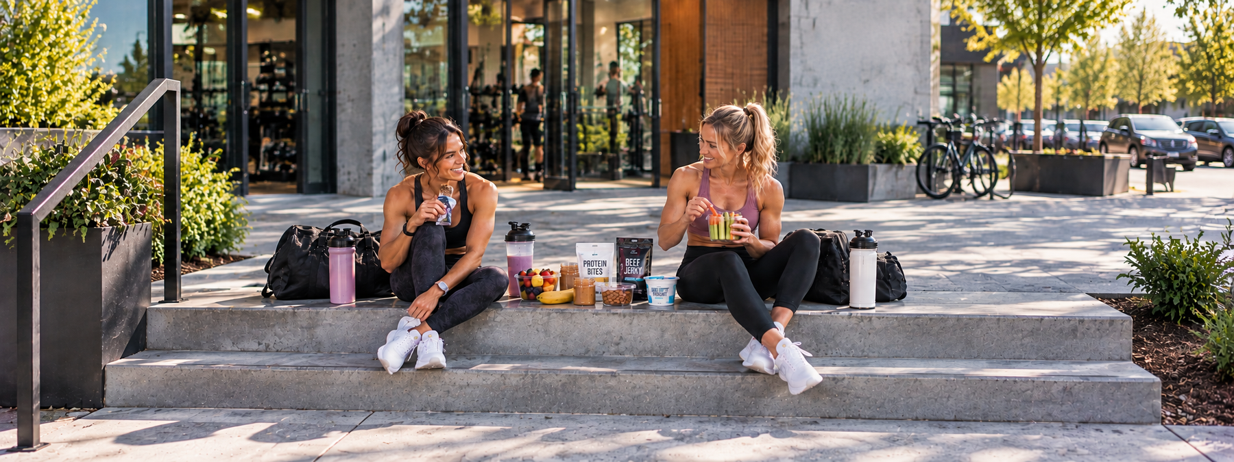 Two athletic women enjoying convenient high protein snacks outside a gym, including protein bites, beef jerky, Greek yogurt, fruit, nuts, and vegetables.