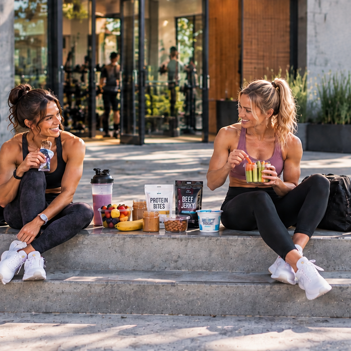 Two athletic women enjoying convenient high protein snacks outside a gym, including protein bites, beef jerky, Greek yogurt, fruit, nuts, and vegetables.