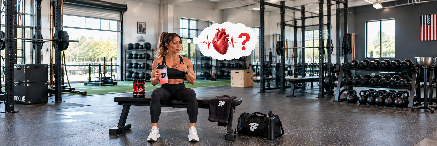 Athlete holding Pre-Workout and touching her chest in a gym, with a heart graphic illustrating concerns about Pre-Workout and heart health.