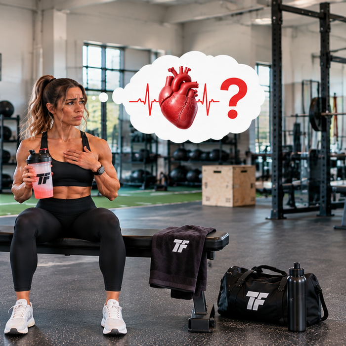 Athlete holding Pre-Workout and touching her chest in a gym, with a heart graphic illustrating concerns about Pre-Workout and heart health.