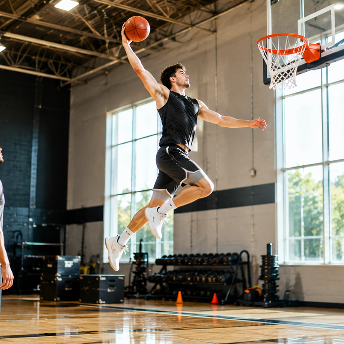 Basketball player jumping toward the hoop during a vertical jump workout program