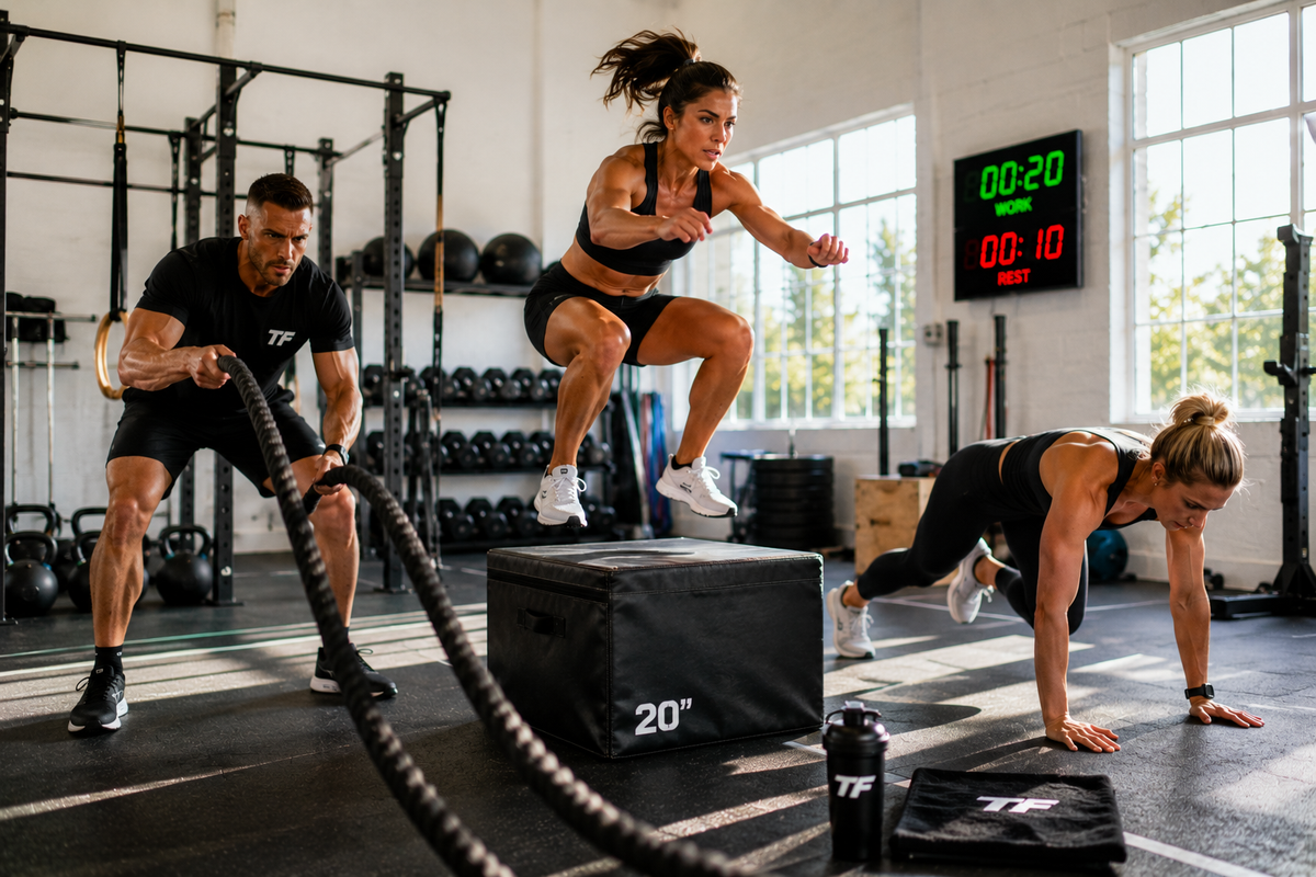 Athletes performing battle ropes, box jumps, and mountain climbers during a high-intensity Tabata workout in a gym.