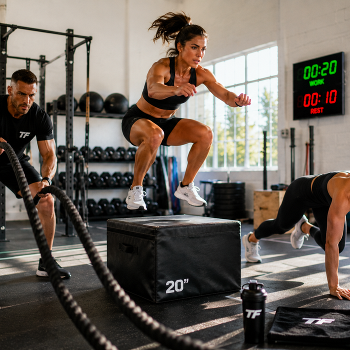 Athletes performing battle ropes, box jumps, and mountain climbers during a high-intensity Tabata workout in a gym.
