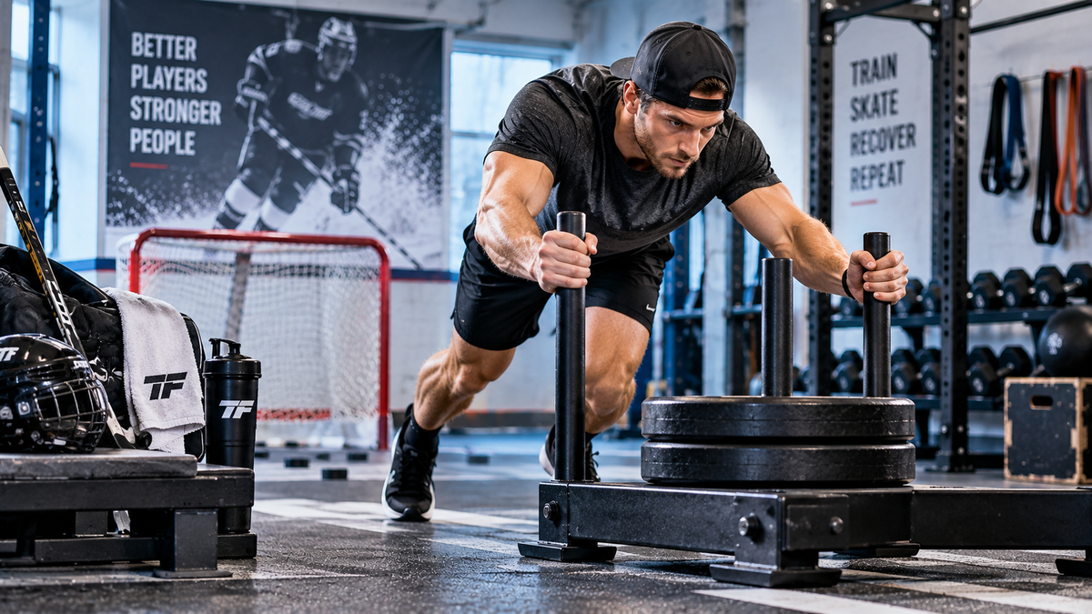 Hockey athlete pushing a weighted sled in a strength training gym with hockey sticks, a goal net, weights, and Tiger Fitness branding.