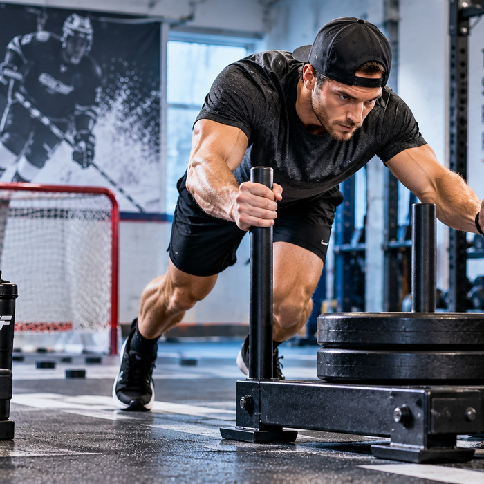 Hockey athlete pushing a weighted sled in a strength training gym with hockey sticks, a goal net, weights, and Tiger Fitness branding.