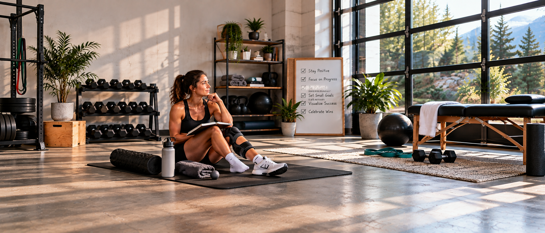 Athletic woman wearing a knee brace journaling in a rehabilitation gym, focusing on mental strategies, goal setting, and staying motivated during injury recovery.