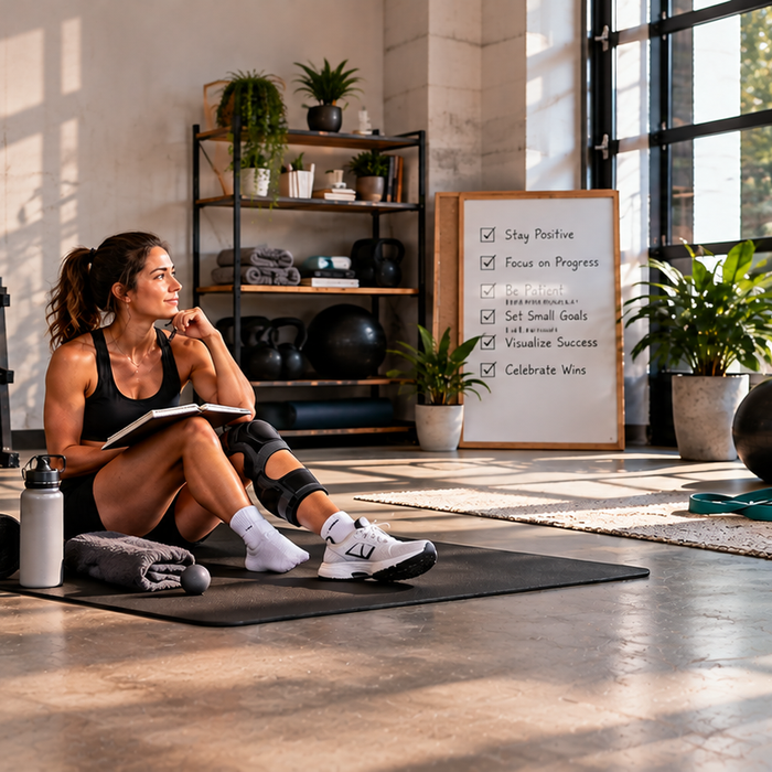 Athletic woman wearing a knee brace journaling in a rehabilitation gym, focusing on mental strategies, goal setting, and staying motivated during injury recovery.