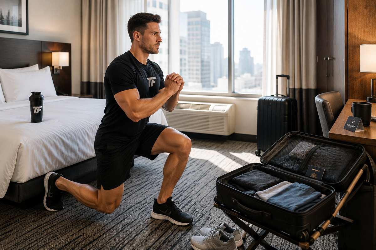 Man performing bodyweight lunges in a hotel room with an open suitcase nearby during a travel workout.