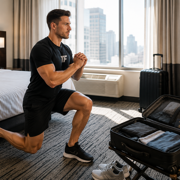Man performing bodyweight lunges in a hotel room with an open suitcase nearby during a travel workout.