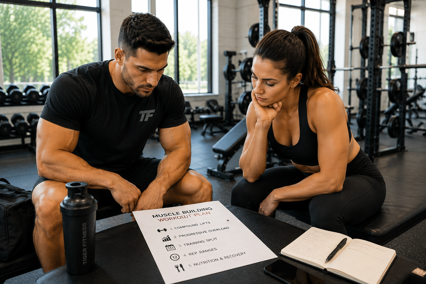 Man and woman reviewing a muscle building workout plan together in a bright gym with subtle Tiger Fitness branding.