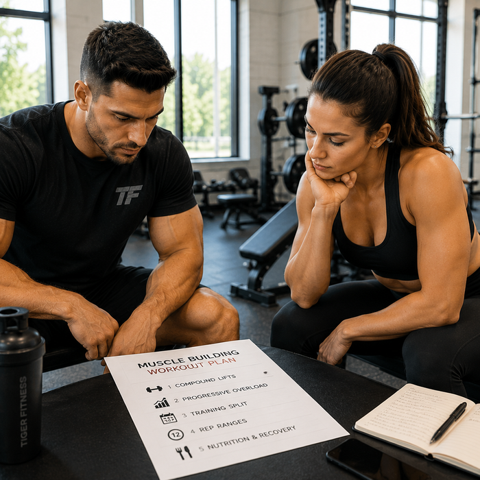 Man and woman reviewing a muscle building workout plan together in a bright gym with subtle Tiger Fitness branding.