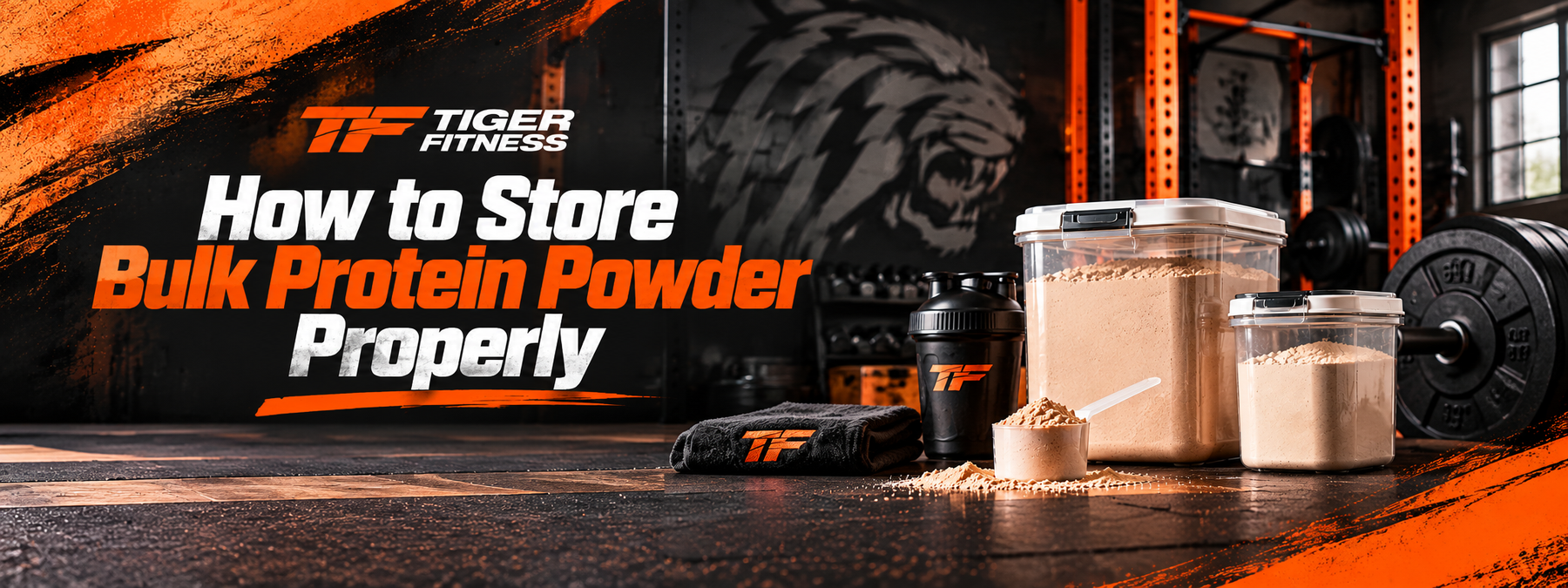 Tiger Fitness banner featuring airtight containers filled with bulk protein powder, a protein scoop, and a shaker bottle in a gym setting with black and orange branding and the title “How to Store Bulk Protein Powder Properly.