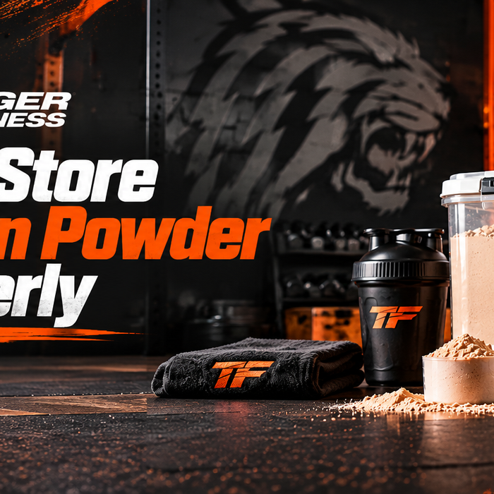 Tiger Fitness banner featuring airtight containers filled with bulk protein powder, a protein scoop, and a shaker bottle in a gym setting with black and orange branding and the title “How to Store Bulk Protein Powder Properly.