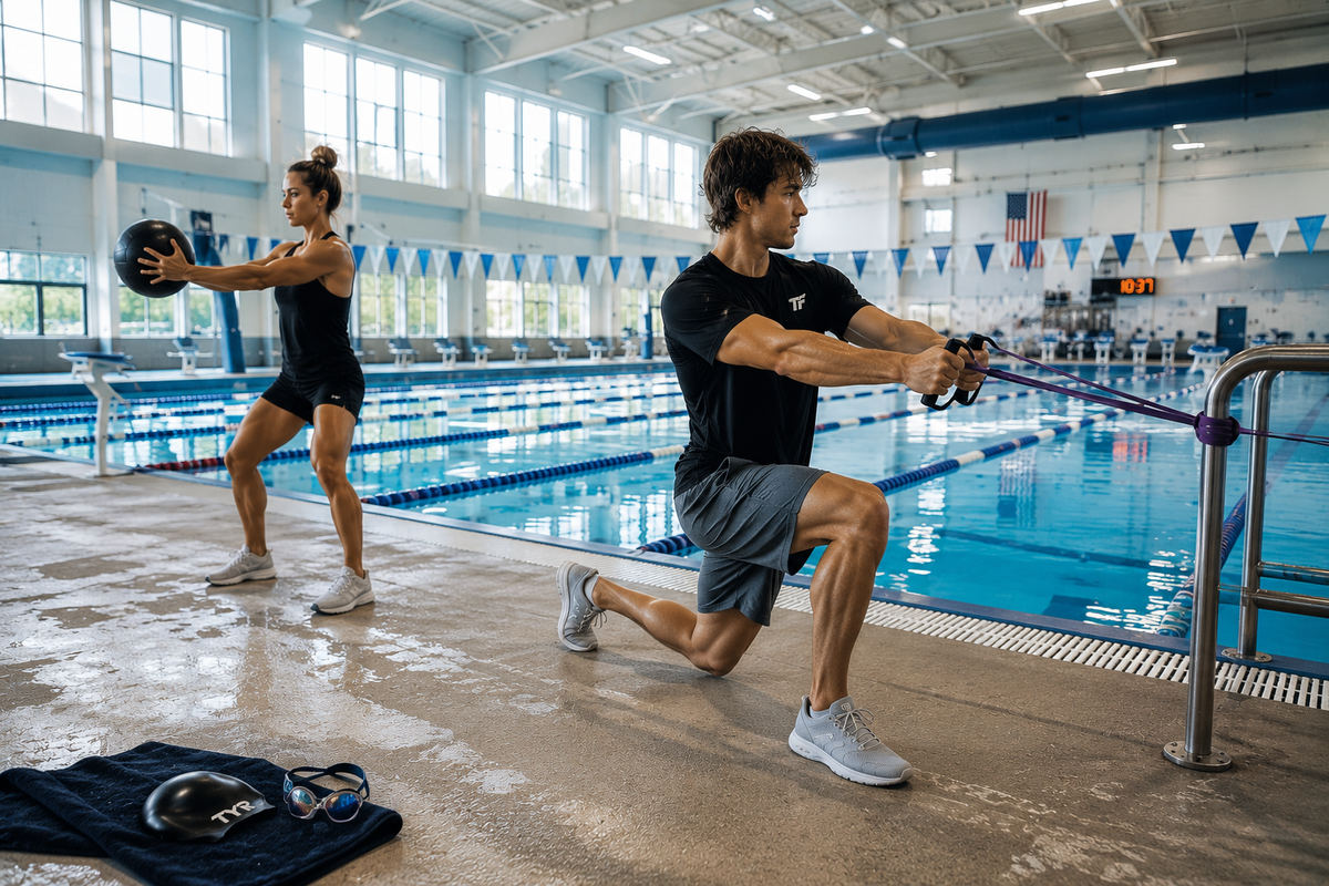 Male and female swimmers performing resistance band and medicine ball exercises on the pool deck during a dryland strength workout