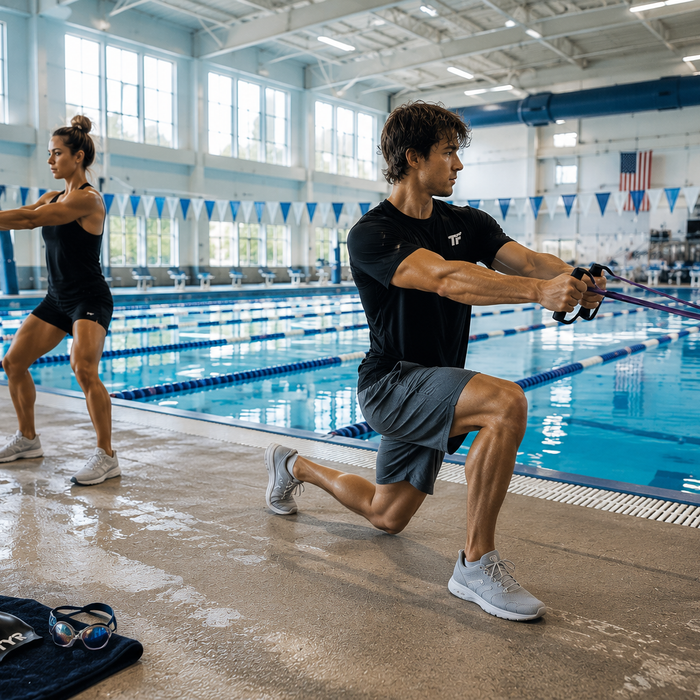 Male and female swimmers performing resistance band and medicine ball exercises on the pool deck during a dryland strength workout
