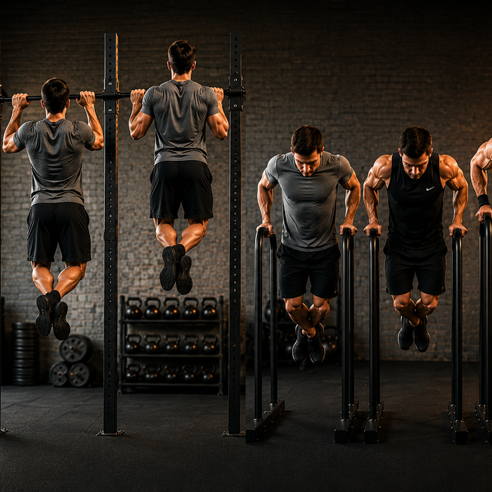 Athletes performing chin-ups and parallel bar dips in a gym, demonstrating progression exercises for a chin-up and dip workout program.