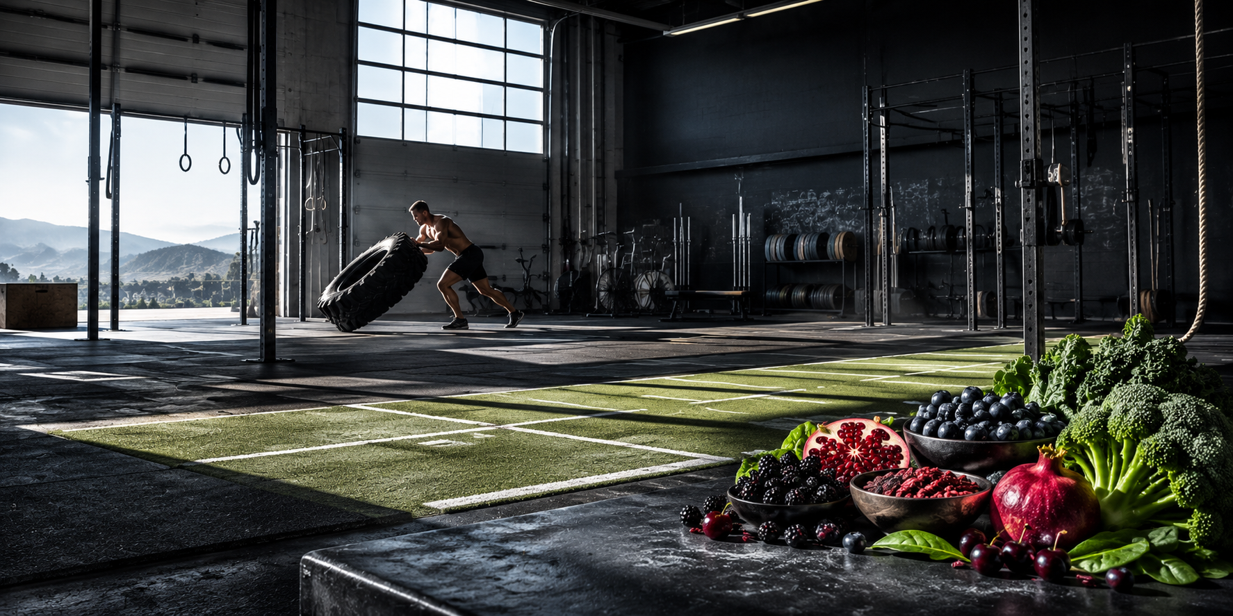 Industrial Gym Tire Training with Fresh Superfoods