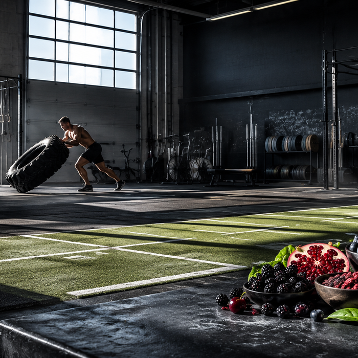 Industrial Gym Tire Training with Fresh Superfoods