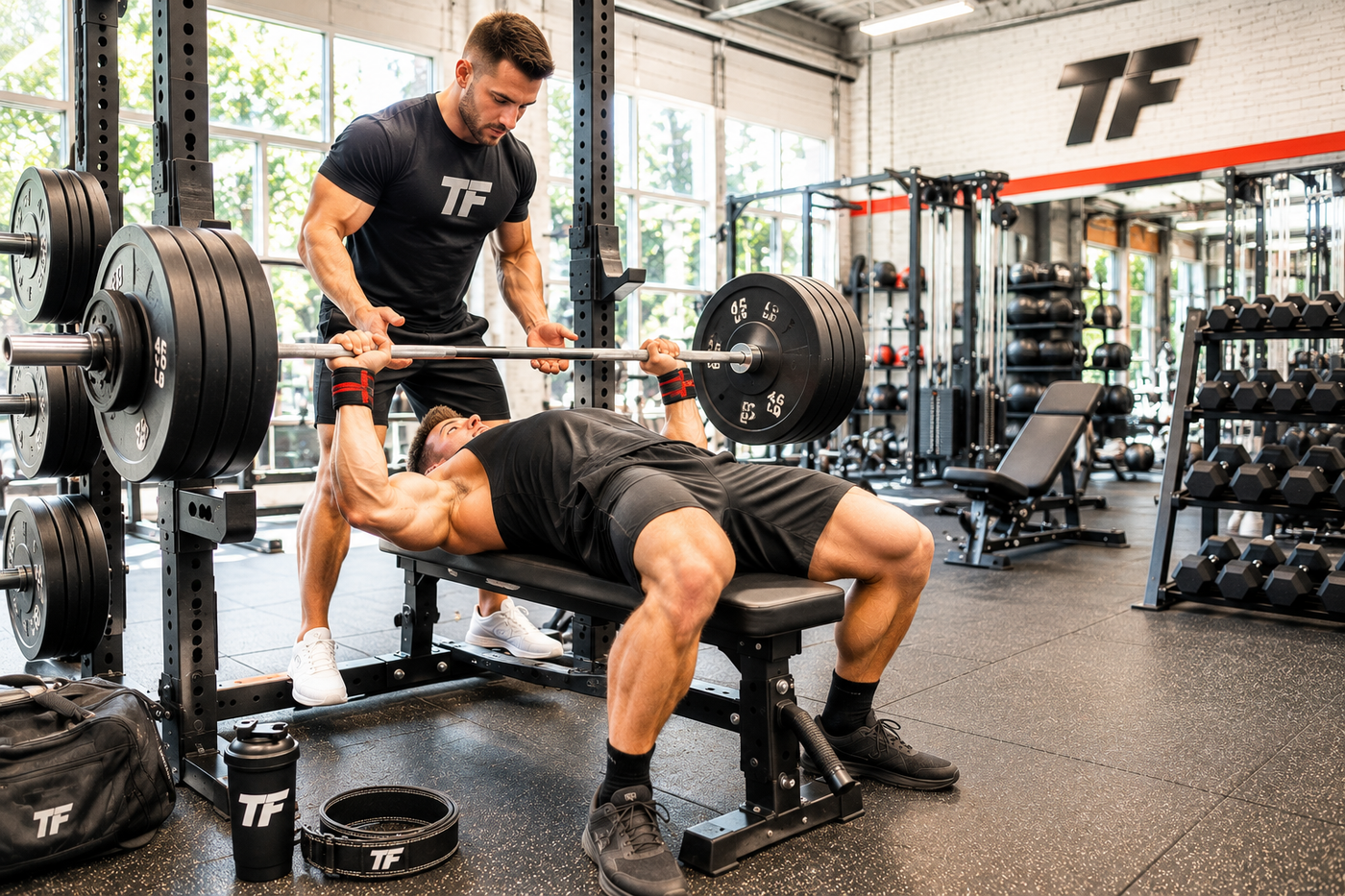 Muscular man performing a heavy barbell bench press with a spotter in a bright Tiger Fitness gym during a power and hypertrophy workout
