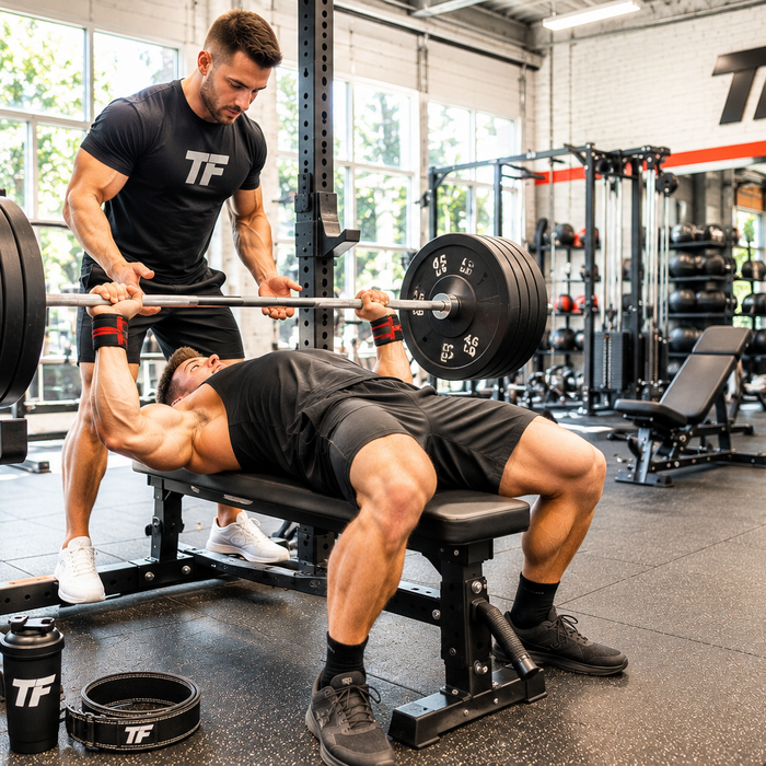 Muscular man performing a heavy barbell bench press with a spotter in a bright Tiger Fitness gym during a power and hypertrophy workout