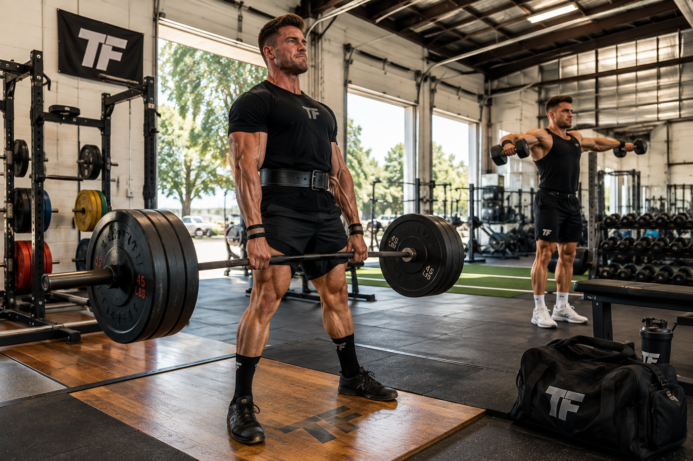 Muscular man performing a heavy deadlift while another lifter does dumbbell lateral raises in a bright Tiger Fitness gym