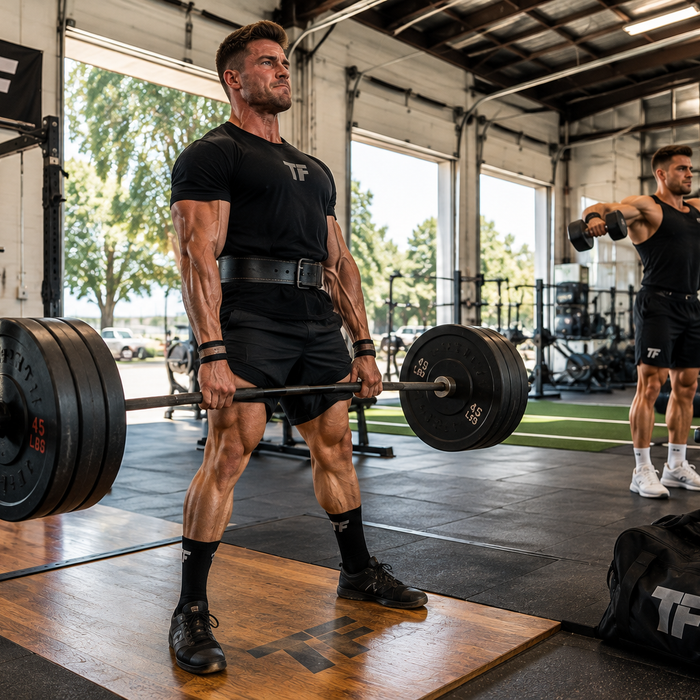 Muscular man performing a heavy deadlift while another lifter does dumbbell lateral raises in a bright Tiger Fitness gym