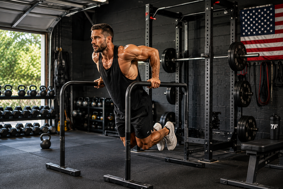 Athletic man performing bodyweight dips on parallel bars in a gym as part of a calisthenics workout plan for lifters.