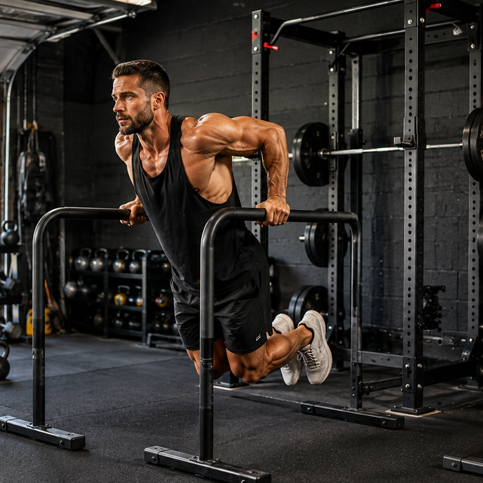Athletic man performing bodyweight dips on parallel bars in a gym as part of a calisthenics workout plan for lifters.