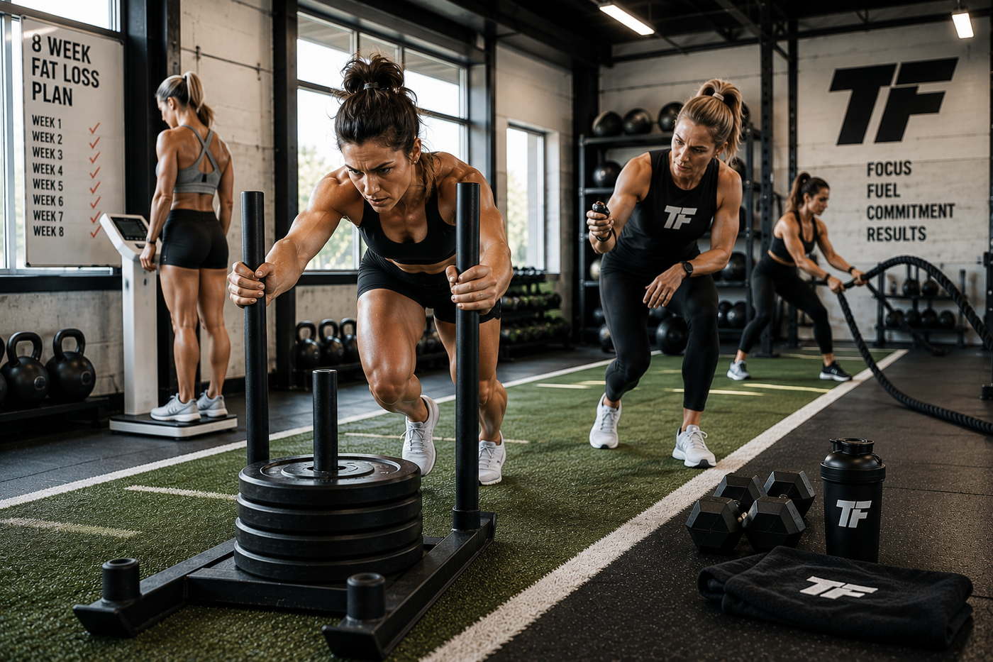 Women completing an 8-week fat loss workout with sled pushes, battle ropes, and progress tracking on a scale in a bright gym.