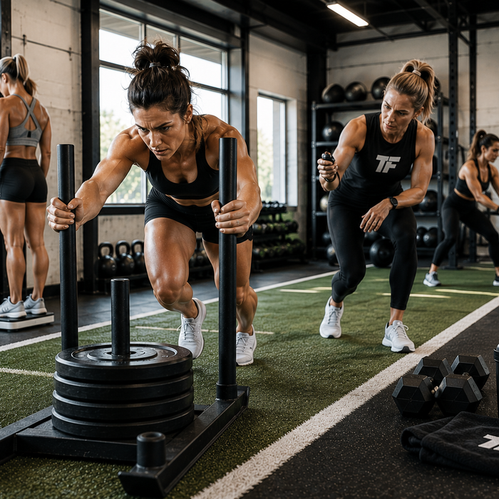 Women completing an 8-week fat loss workout with sled pushes, battle ropes, and progress tracking on a scale in a bright gym.