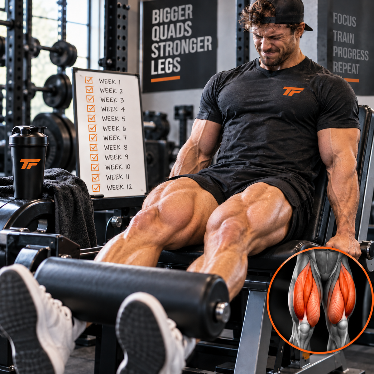 Muscular man performing leg extensions in a gym, highlighting quad development as part of a focused quad specialization workout program.