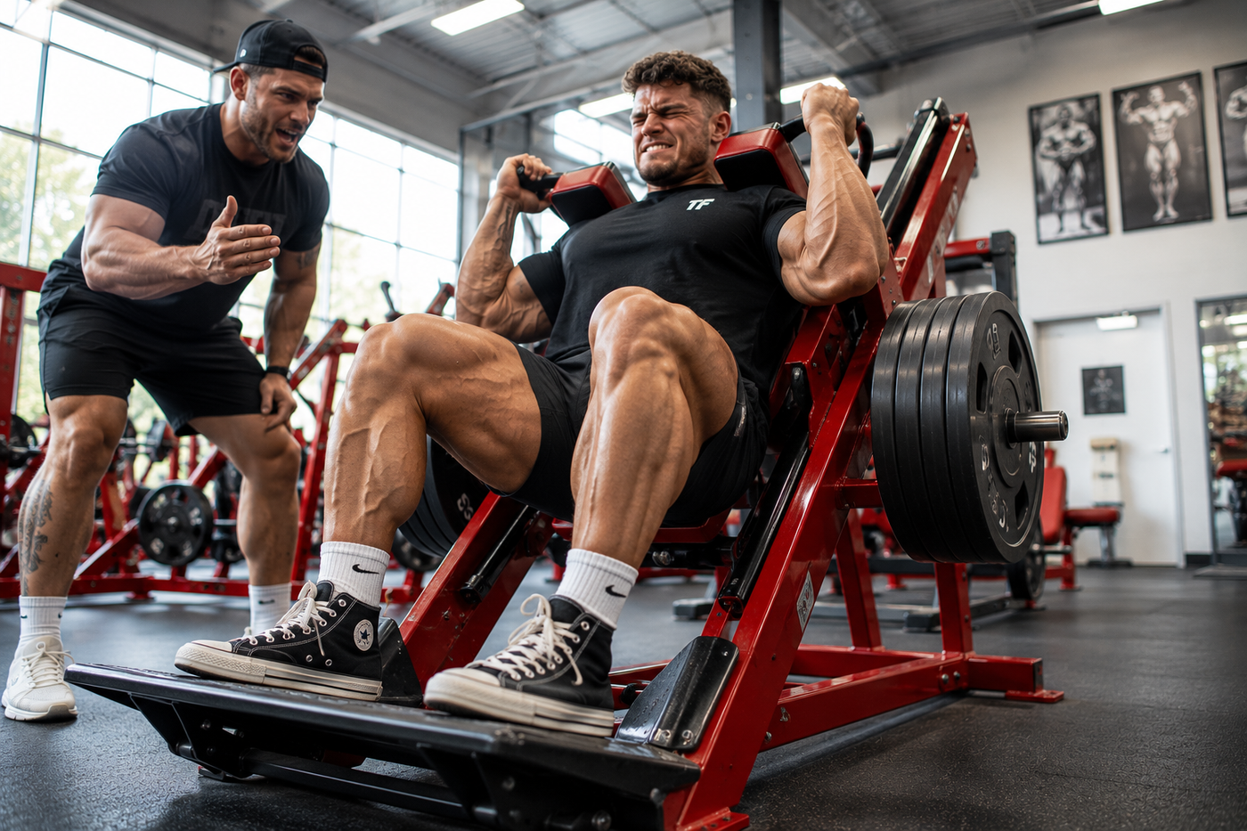 Male athlete performing a heavy leg press with a training partner during a leg workout for muscle mass