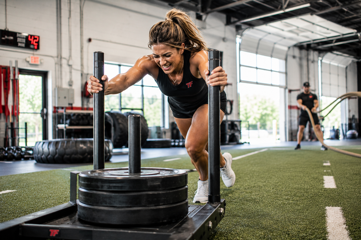 Female athlete pushing a weighted sled down a turf lane during a conditioning workout.