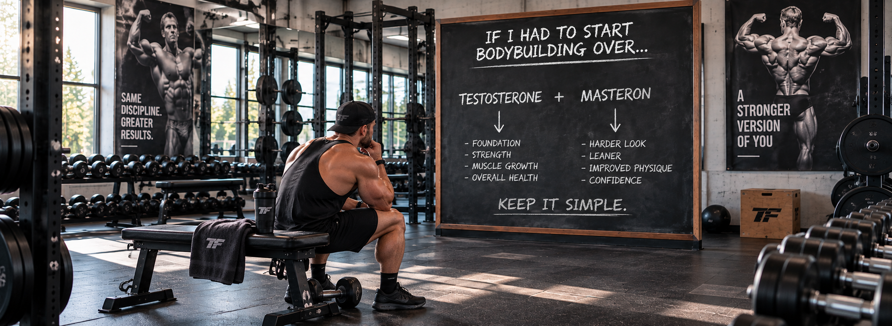 Bodybuilder reviewing a Testosterone and Masteron training approach on a chalkboard in a classic bodybuilding gym.