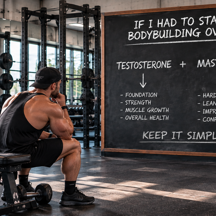 Bodybuilder reviewing a Testosterone and Masteron training approach on a chalkboard in a classic bodybuilding gym.